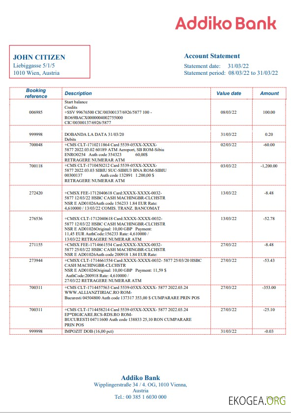 Modèle de relevé bancaire Autriche Addiko au format Word et PDF